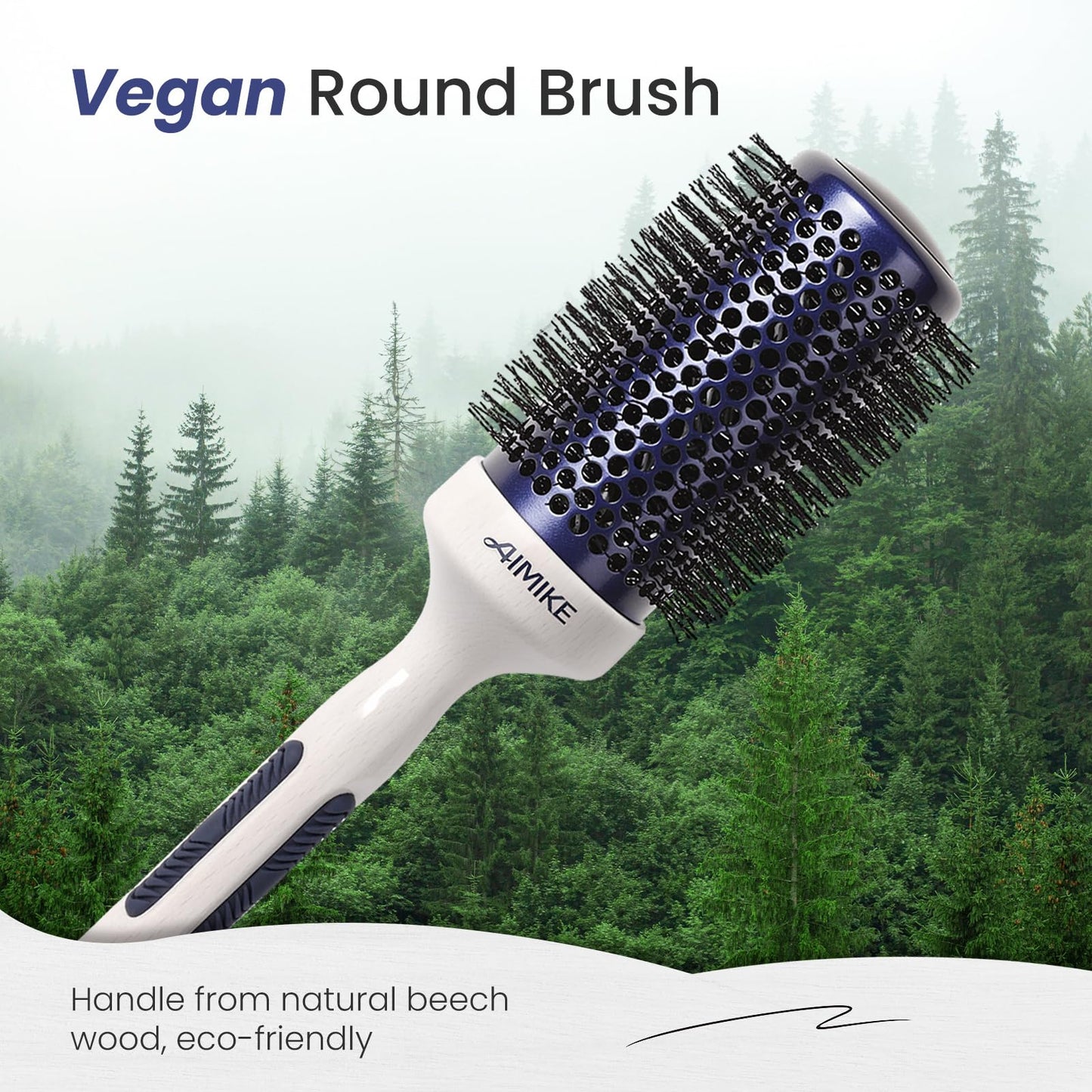AIMIKE Nano Ionic Tech Large Round Brush, Ceramic Brush for Blow Drying, Styling and Boosting Volume, Natural Wood Handle - 2 Inch/52mm