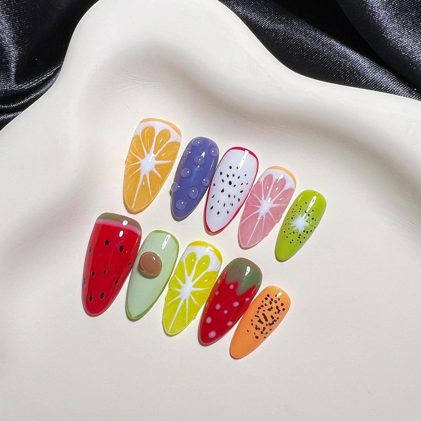 Handmade Press On Nails - 3D Fruit Design Medium Almond Tips, 10pcs Reusable Acrylic | Long-Lasting & Easy Fit