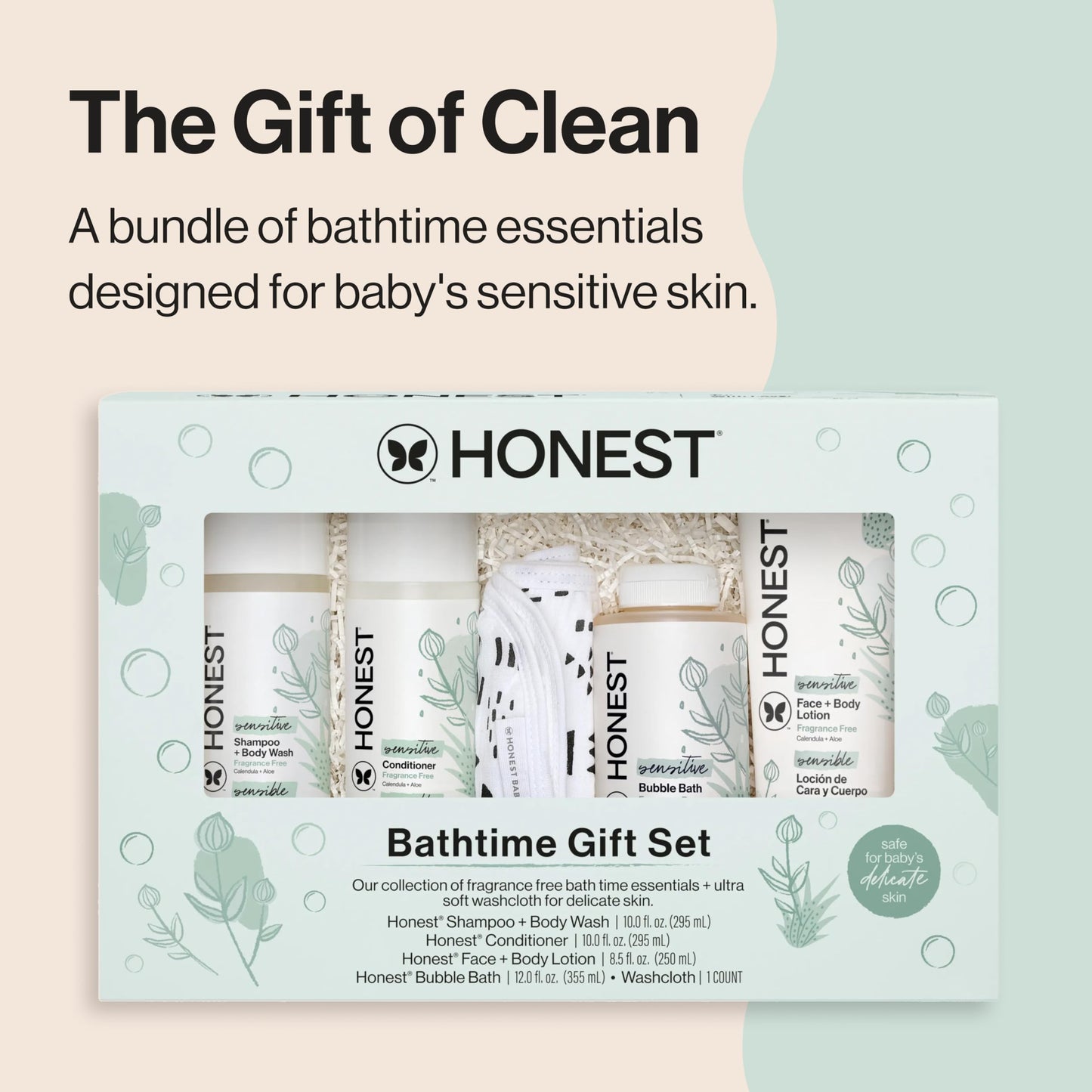 The Honest Company Fragrance-Free Bathtime Gift Set, Hypoallergenic, Bath Essentials for Sensitive Skin, Shampoo and Body Wash, Face Lotion, Bubble Bath, Conditioner, Wash Cloth