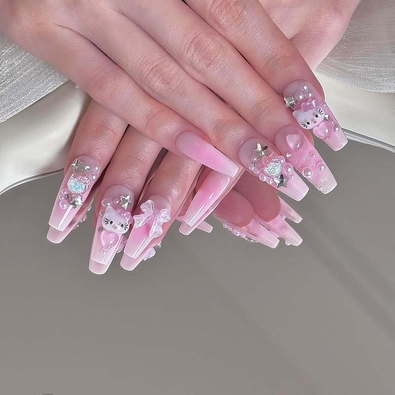 Press On Nails - 24 Pcs Long Kawaii Light Pink Gel Nails for DIY Manicure | Perfect for Girls
