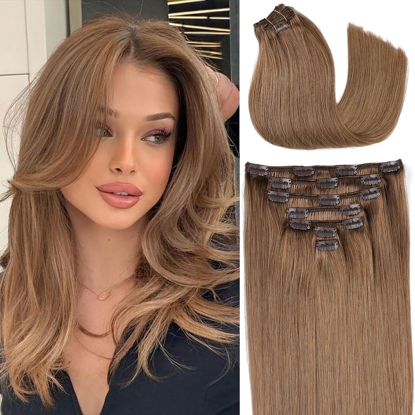 Real Human Hair Clip-In Extensions - Remy Medium Brown 12 Inches | 80g, 7 Pieces, 16 Clips