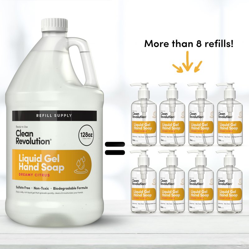 Clean Revolution Liquid Gel Hand Soap, Silky Rich Liquid, Quick Lather, Fast Rinsing, Contains Real Essential Oils (Dreamy Citrus) 128 Fl Oz