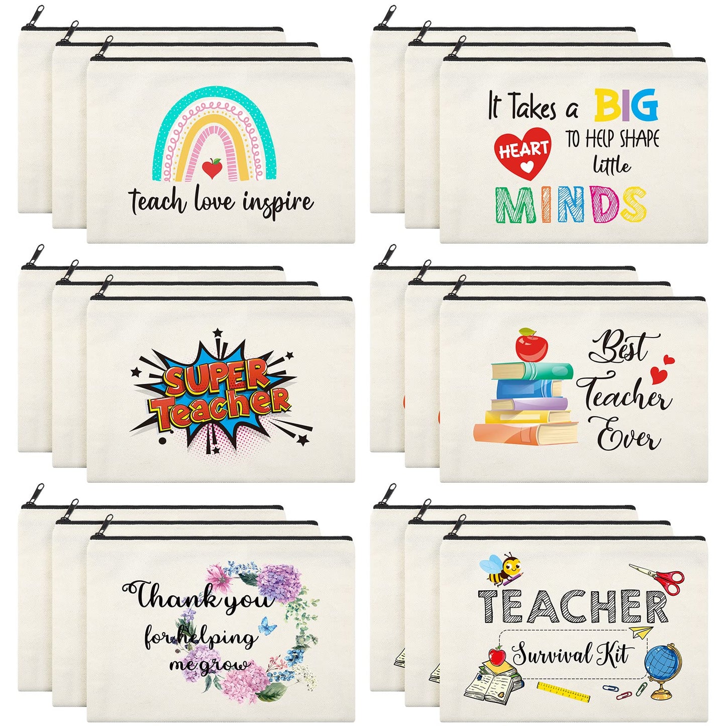 18 Pcs Teacher Makeup Bags for Women 6 Styles Canvas Pencil Bags Travel Toiletry Case with Zipper Gift for Teacher's Day Graduation Back to School (Cute)