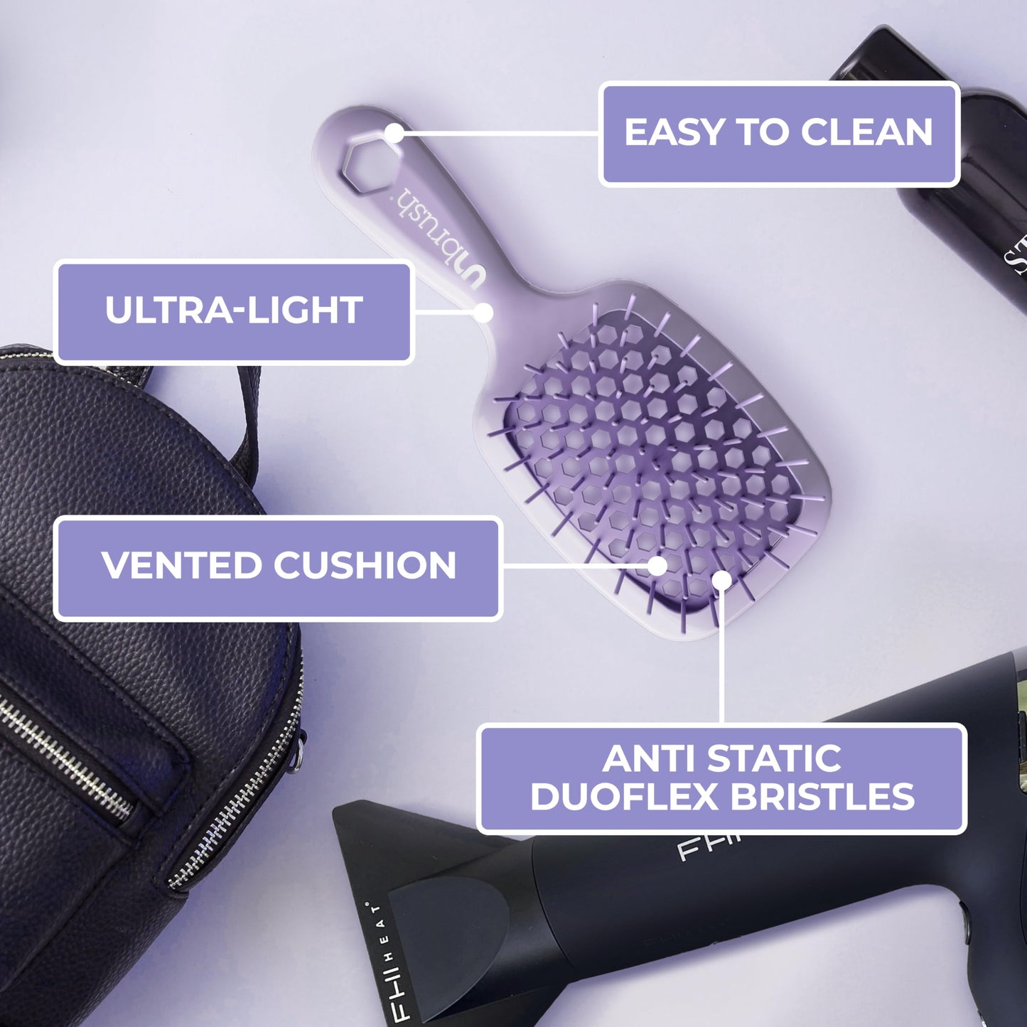 FHI Heat UNbrush Mini Detangler Brush for Pain-Free Brushing on All Wet or Dry Hair Types — Durable Duoflex Anti-Static Bristles, Lightweight Handle, Vented Mini Hair Brush, Lilac Light Purple