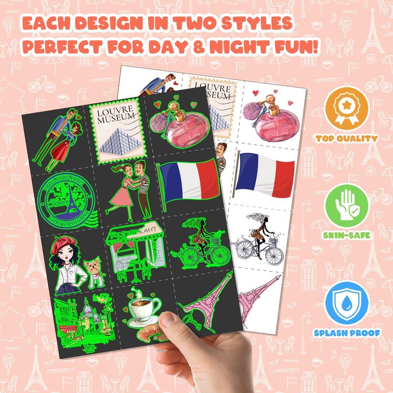 BOIKOKY 96 PCS Paris Party Favors Set – 72 Temporary Tattoos & 24 Slap Bracelets for Kids, Paris Themed Party Decorations & Gifts, Ideal Paris Souvenirs and Decor Toys