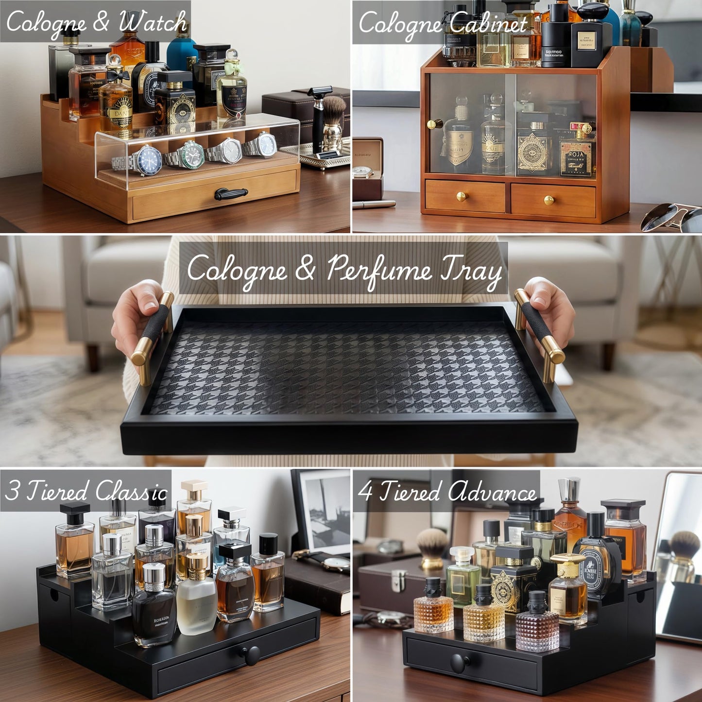 SeLuM Wooden Cologne Organizer for Men 3 Tier | Black Perfume Holder Shelf for Dresser | High Grade Velvet Lining and Stylish Gift Box | Uncluttered Design Perfume Display Stand