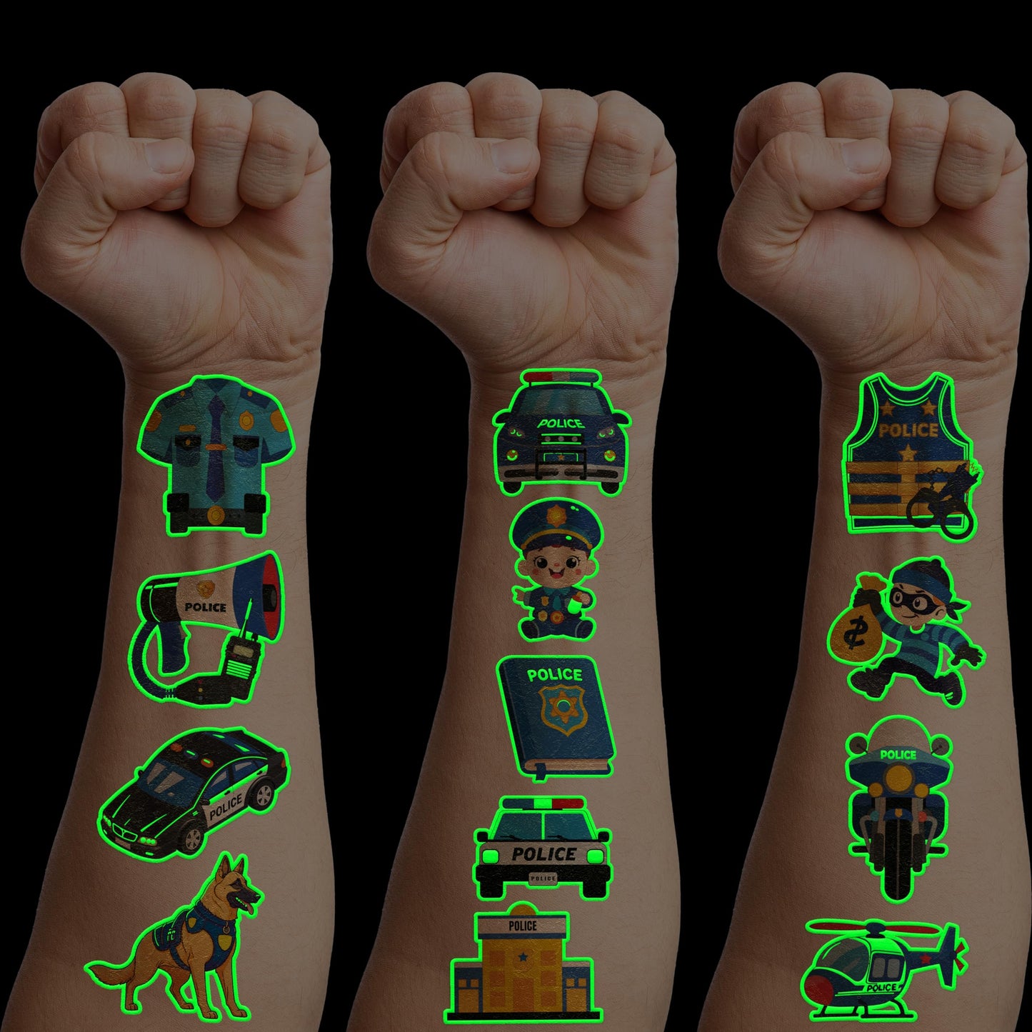 96 PCS Police Car Police Officer Policeman Pre-Cut Luminous Glow in the dark Temporary Tattoos for Kids | Super Cute Theme Birthday Party Favors Supplies Decorations, Fake Tattoos Gifts for Boys Girls