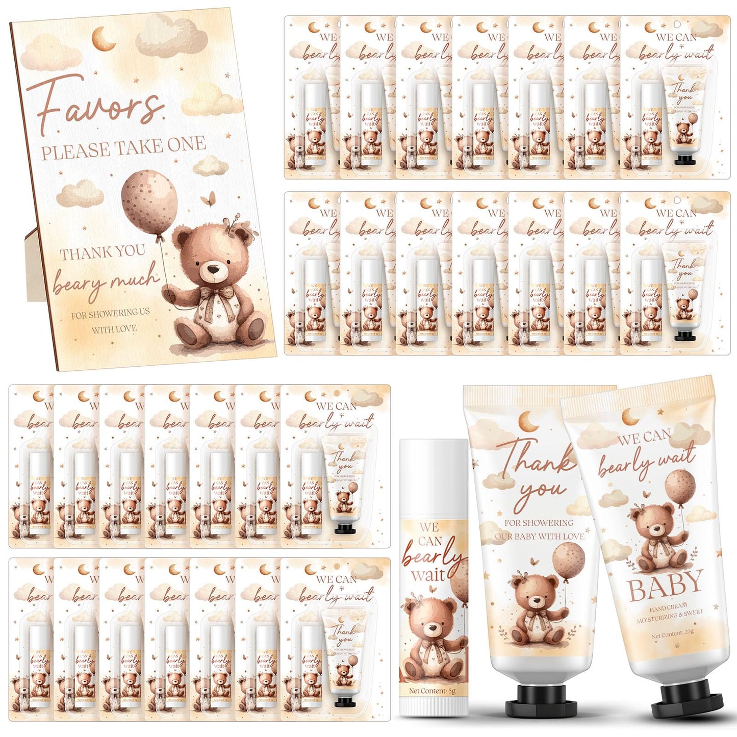 Dansib 30 Set Gender Reveal Gifts for Guests 30 Pcs Bear Baby Shower Hand Cream and 30 Pcs Lip Balm with 1 Wooden Stand for Guests Baby Shower Prizes Party Favors Gender Reveal Souvenirs