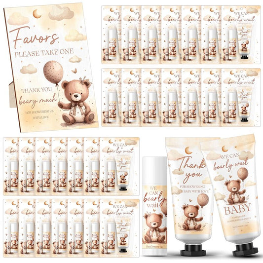 Dansib 30 Set Gender Reveal Gifts for Guests 30 Pcs Bear Baby Shower Hand Cream and 30 Pcs Lip Balm with 1 Wooden Stand for Guests Baby Shower Prizes Party Favors Gender Reveal Souvenirs