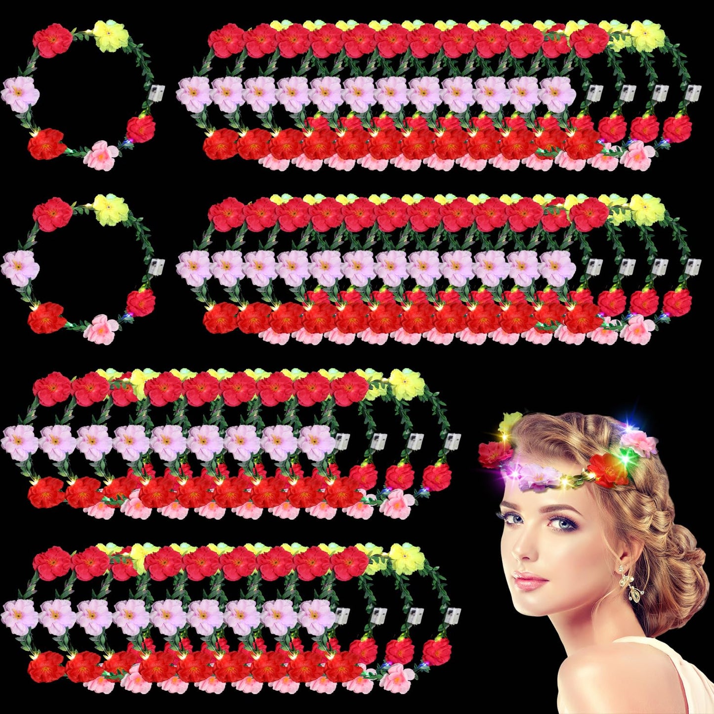 Syhood Summer Party Favor, 50 Pcs LED Flower Crowns Headbands, Light up Flower Crowns for Women, Glow in the Dark Headband for Cinco De Mayo Wedding Birthday Cosplay Princess Party Favors(Peony)
