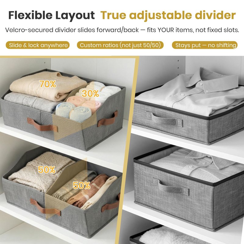 Closet Organizers And Storage - UPGRADED Trapezoid Storage Bin With Leather Handles & Adjustable Dividers, Fabric Collapsible Storage Bins For Clothes Storage & Shelf Organizer (3pcs,Small,Light Gray)
