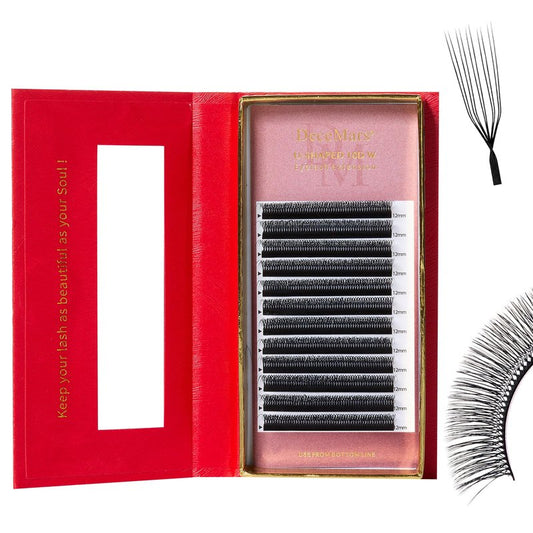 DeceMars 10D U Shaped Eyelash Extensions Easy Fans Double Tips 5D Russian Volume Crisscross Eyelashes Natural Soft YY Lash Extensions Handwoven Mesh Wispy Clusters Matte Black-0.07mm-D-8-15mm Mix