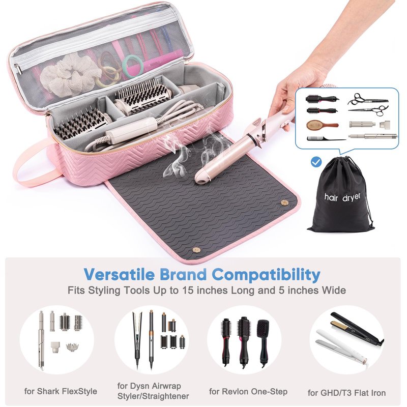 ELCUPA 2IN1 Hair Tools Travel Bag with Heat Resistant Mat for Shark Flexstyle, Flat Irons, Straighteners, Curling Iron, Hair Dryer Case Compatible with Revlon One-Step Hair Dryer, Hair Essentials