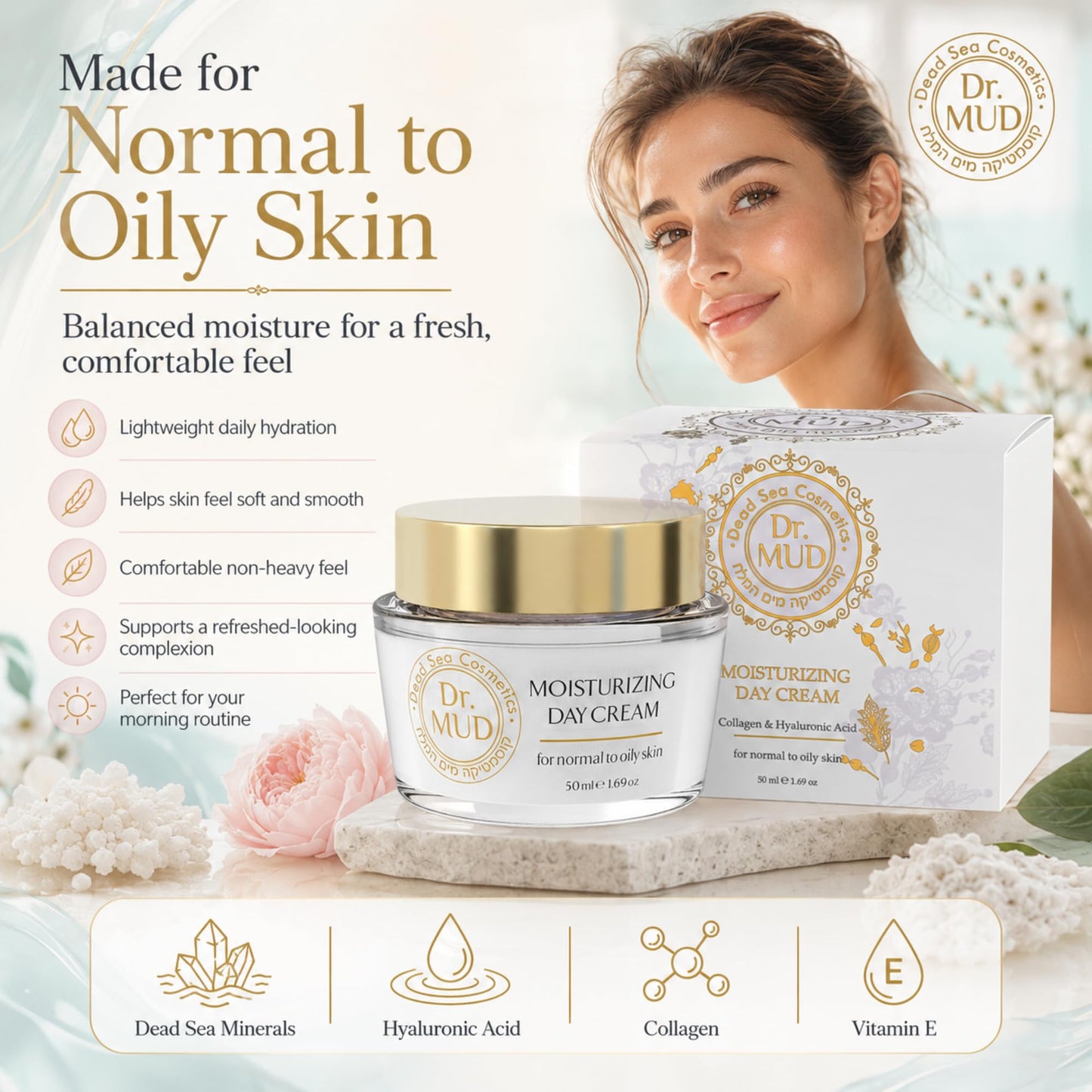 Dr.MUD Premium Moisturizing Day Cream for Normal to Oily Skin, Luxurious Dead Sea Mineral Face Moisturizer with Hyaluronic Acid, Collagen, Vitamin E, Green Tea and Aloe Vera, 50 ml