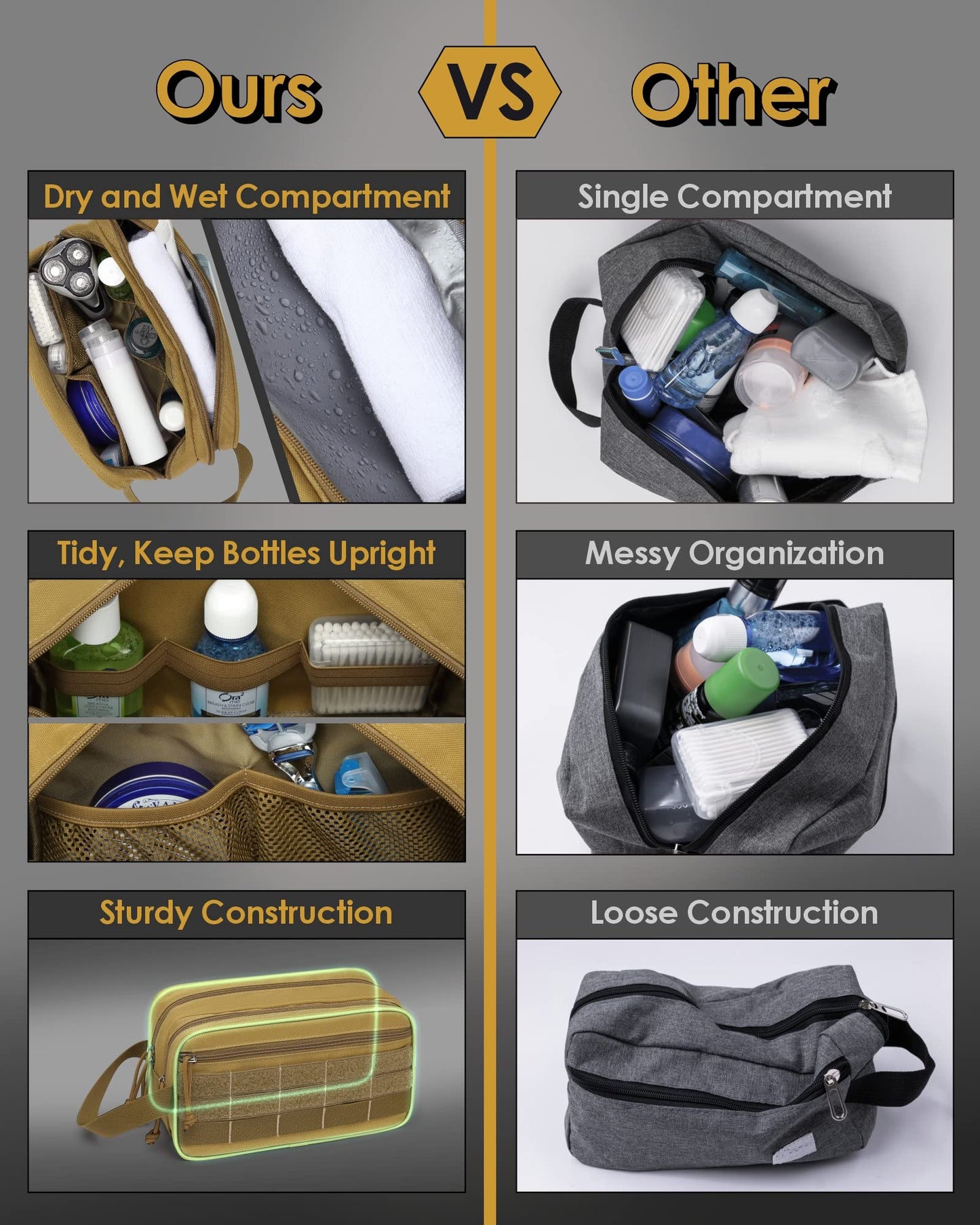 TACTICISM Large Black Toiletry Bag for Men and Small Brown Dopp Kit, Bundle Sales