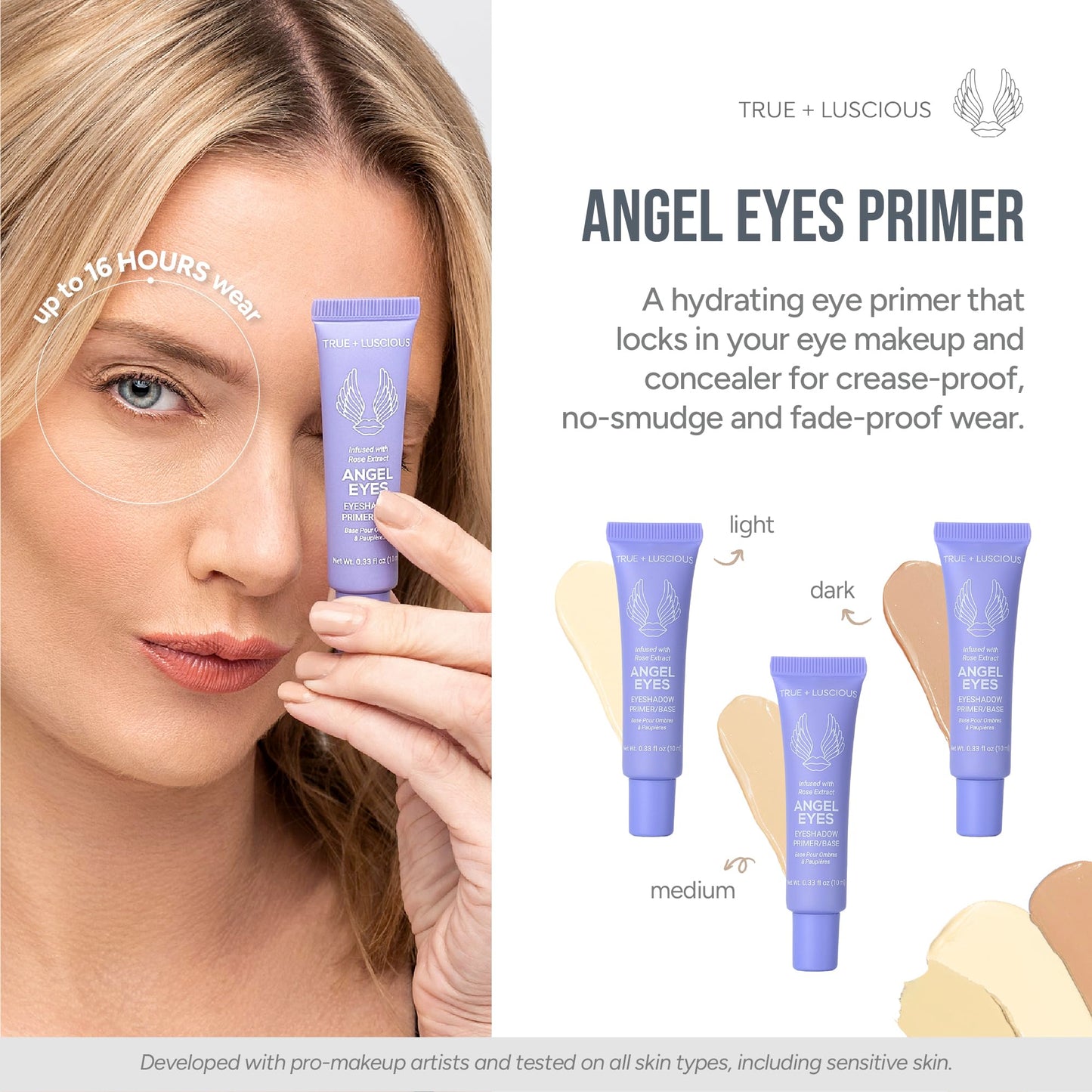 True + Luscious Angel Eyes Eyeshadow Primer | Hydrating Eye Primer Locks Makeup Up to 16 Hours | Vegan Paraben-Free Cruelty-Free | Rose Extracts Bentonite Clay Oily Lids Shade 0.33 oz | Dark