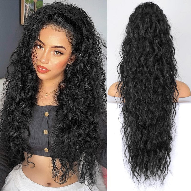 KooKaStyle Ponytail Extension 30 Inch Drawstring Pony Tails Hair Extensions for Women Long Curly Ponytail Synthetic Hairpieces for Daily Wear, Party, Gym（Black-1B）