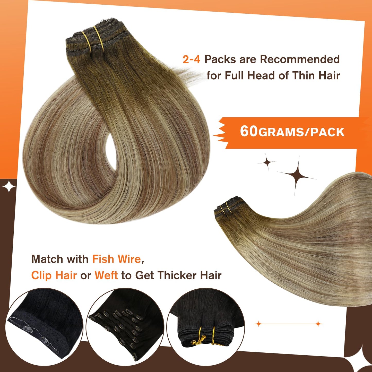 Full Shine Ombre Hair Extensions Clip in Human Hair, Dark Brown Roots Ash Brown Mix Medium Blonde Lace Weft for Layered Hair Enhancement, 16 Inch 3 Pcs 60g