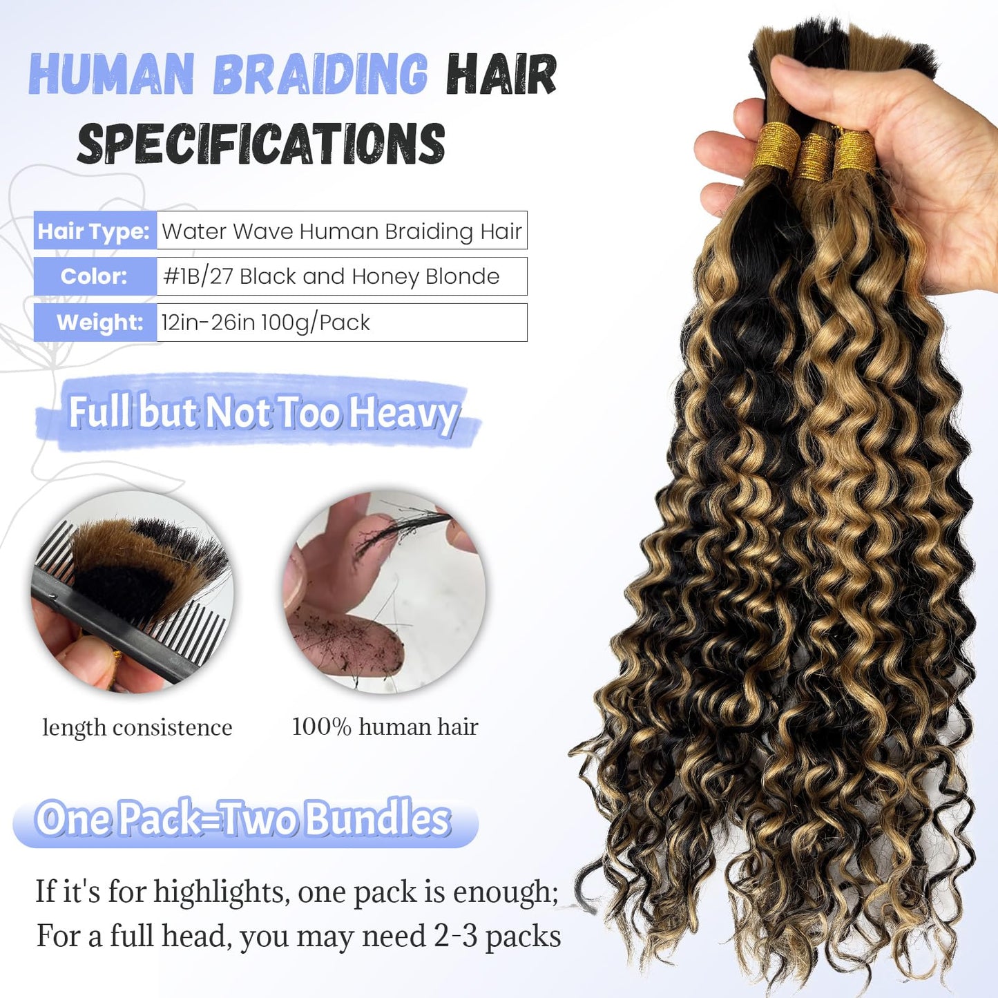 Blonde Human Braiding Hair 18 Inch Deep Water Wave Boho Human Hair for Braiding Color #24 Light Blonde Bundles 100% Burmese Human Hair for Boho Braids Two Bundles 100G Weft and Wavy Curly Bulk Hair