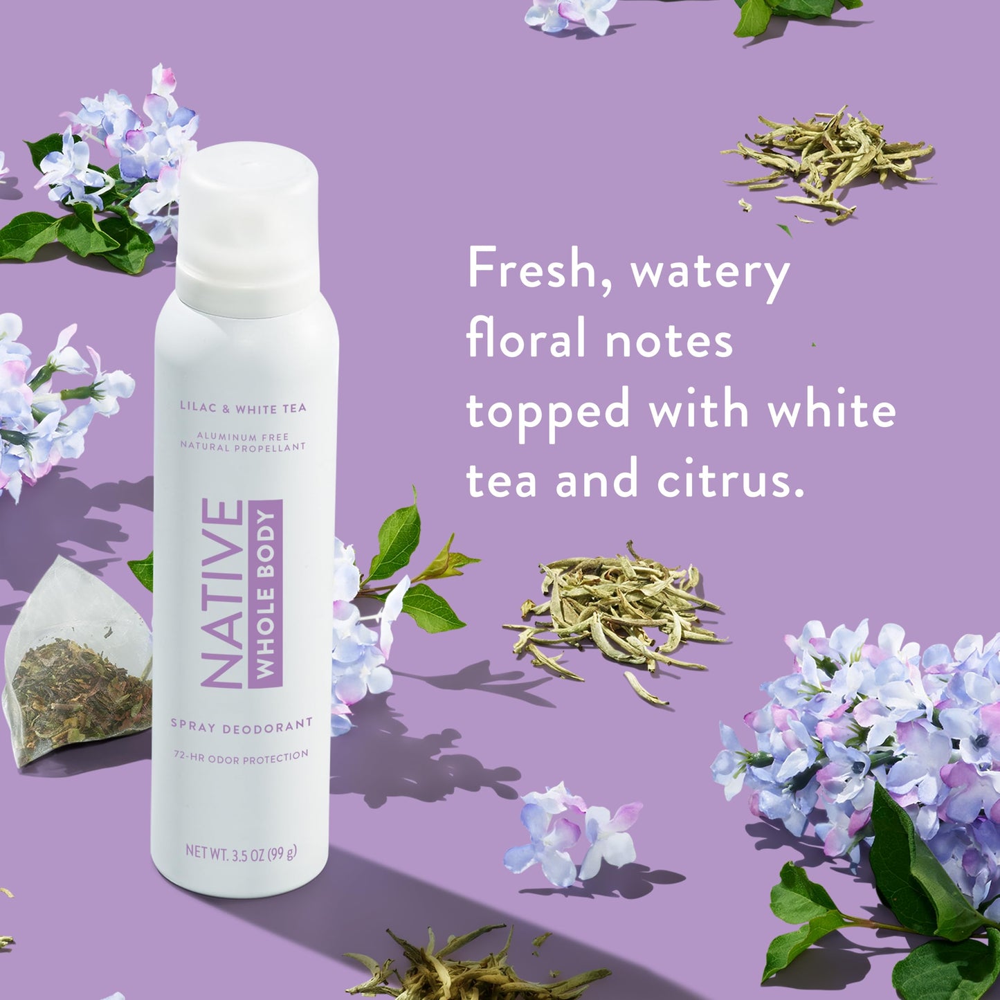 Native Whole Body Deodorant Spray, Lilac & White Tea Scent, 72 Hour Odor Control for Pits, Privates & More, Aluminum Free, Quick-Drying Deodorant for Men & Women, 3.5 oz