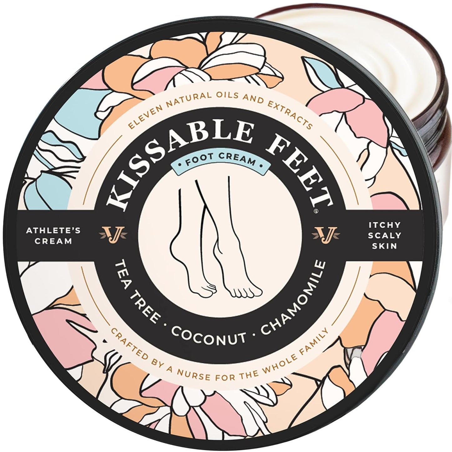 Kissable Feet Athletes Foot Cream - Soothing Relief for Itchy, Dry Skin with Tea Tree, Coconut & Chamomile | 3.5 oz