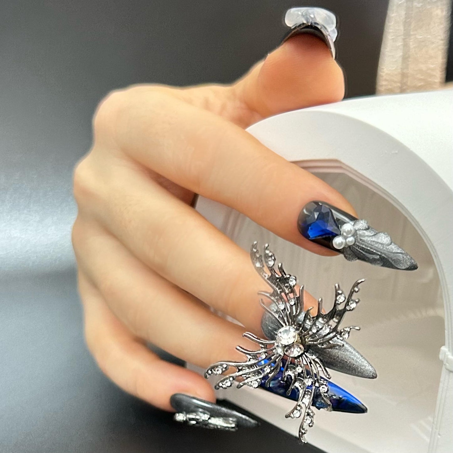 Press on Nails Handmade Luxury Long Style Almond Reusable Halloween Goth Nail for Women and Girls 11pcs (Blue Butterfly-M, One Size)