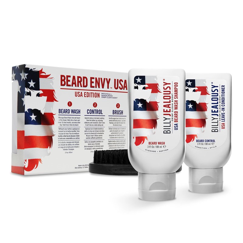 Billy Jealousy USA Beard Envy Facial Hair Refining Kit with Beard Wash Facial Hair Control and Boar Bristle Brush for Clean, Hydrated, Soft, Tamed Unruly Mane