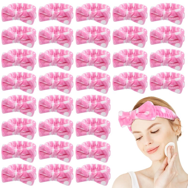 Prasacco 50 Pcs Pink Spa Headband for Women, Soft Coral Fleece Headband for Washing Face Cute Skincare Headbands with Bow Elastic Polyester Makeup Headbands for Women Girls