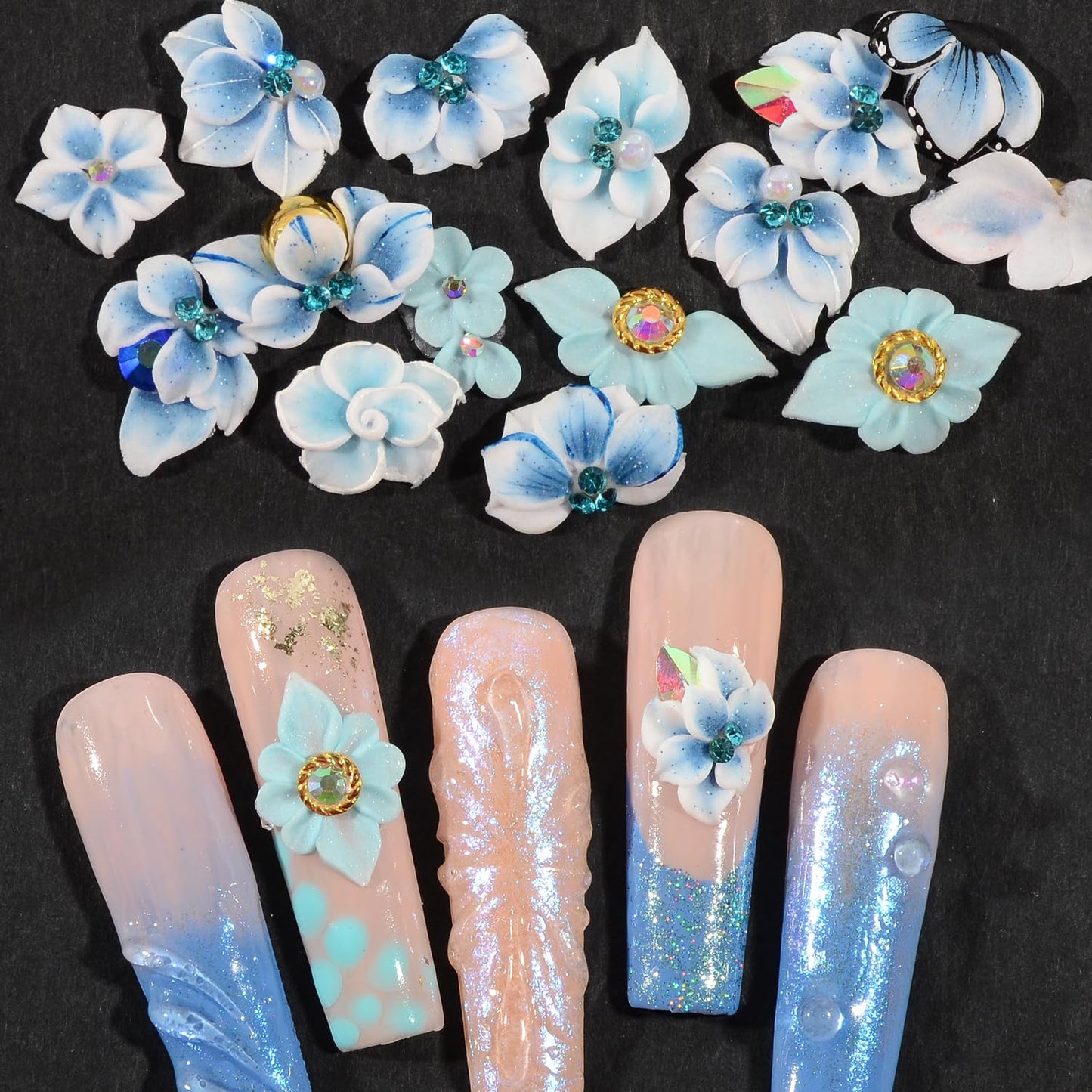 30PCS 3D Handmade Flower Nail Art Charms Advanced Handcrafted Cherry Blossom Flower Colorful Sculpted Floral Nails with Rhinestone Caviar Beads Design for Women Profession Nail Art Craft Jewelry