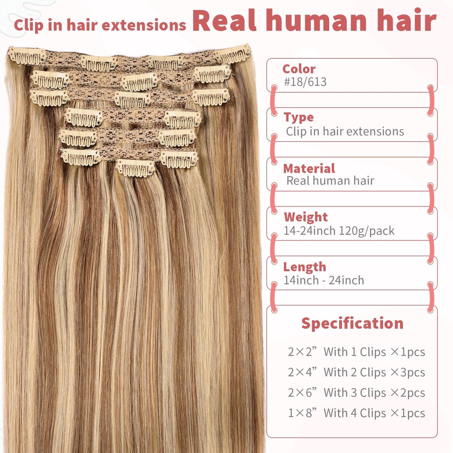 DIYOMO human hair clip in extensions Soft&Natural 120g 7pcs hair extensions real human hair clip insHair Straight&Invisible (14Inch, 18/613)
