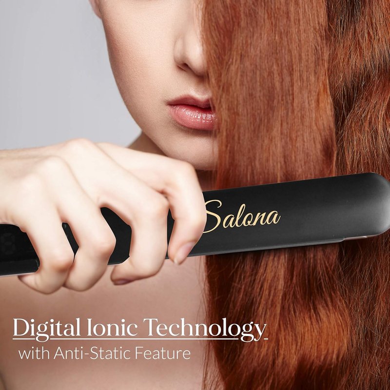 Titanium Coated Hair Straightening Iron - Professional Flat Iron & Curler with LCD Display | Black