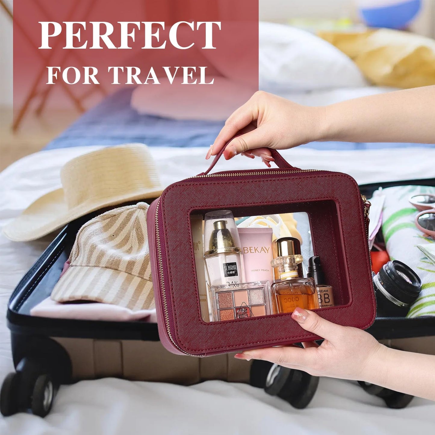 Pinkmik Clear Makeup Bag for Women Waterproof Travel Cosmetics and Toiletries Case Portable Makeup Oaganizer Bag Clear Car Bag with Zipper (X/Burgundy, M+L)