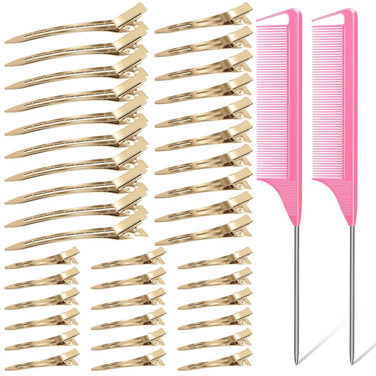 3 Sizes Metal Hair Styling Clips 70PCS, MORGLES No Crease Alligator Clips for Hair Rollers with 2pcs Parting Comb for Braids, Coloring and Styling