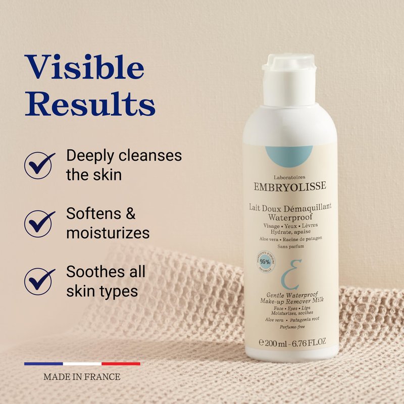 Embryolisse Gentle Waterproof Make-up Remover Milk, 4-in-1 Hydrating Facial Cleanser for Sensitive Skin with Aloe Vera & Shea Butter, 6.76 Fl Oz