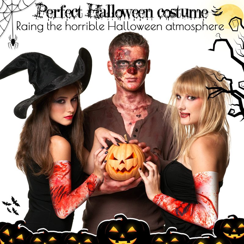 Eurzom 4 Pairs Zombie Bite Party Sleeves Halloween Arm Temporary Tattoo Sleeves Set for Women Scar Men Tattoo Covers