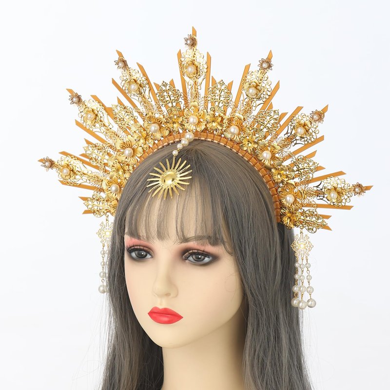 BLESSUME Goddess Gold Spike Halo Crown Headpiece NYLON ZIP TIE Wedding Bride Hair Band Tiara…