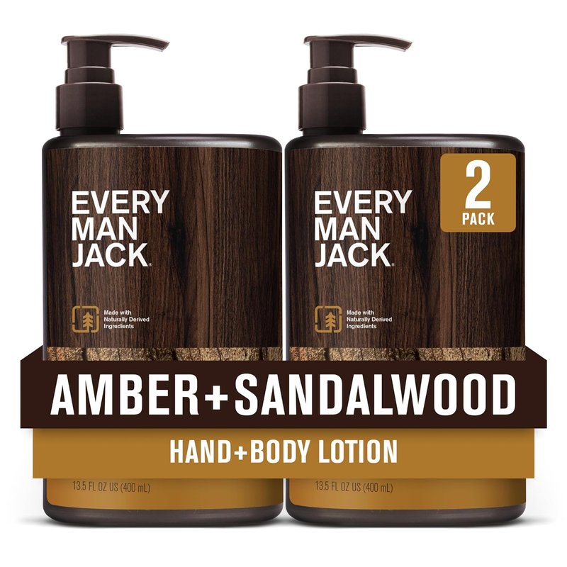 Every Man Jack Men's Amber & Sandalwood Hand & Body Lotion - Hypoallergenic, Lightweight Formula | 13.5oz (2 Pack)