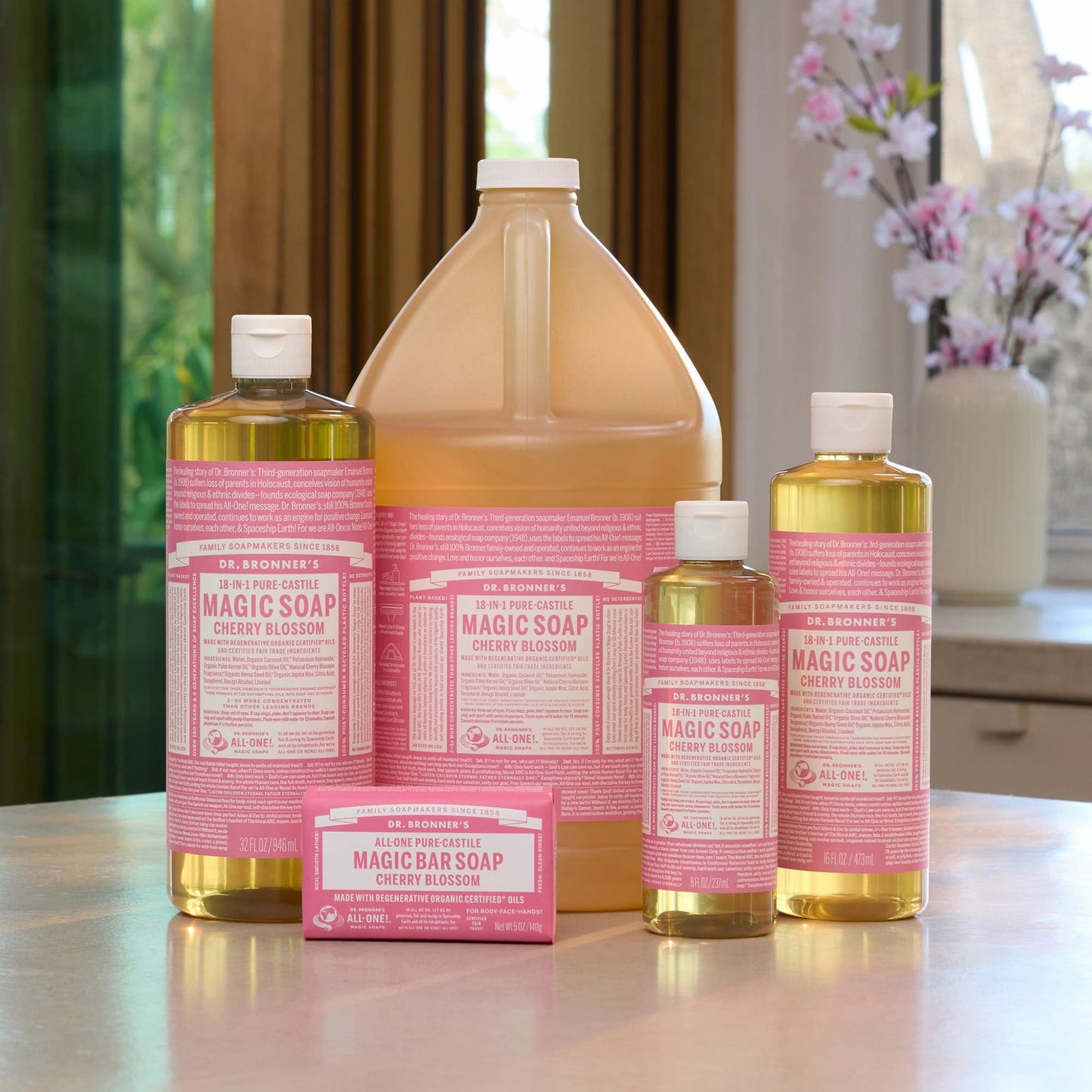 Dr. Bronner's Pure-Castile Magic Liquid Soap (Cherry Blossom, 8 Ounce) - Made with Regenerative Organic Certified Oils, 18-in1 Uses: Face, Hair, Hand & Body Soap, Laundry, Pets- Concentrated, Vegan