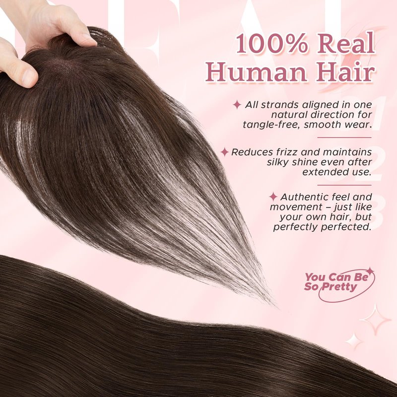 SEGO SEGOHAIR Hair Toppers for Women Real Human Hair with Bangs 360°Cover 3D Clips 2.76"x4.33" Breathable Lace Base 11 Inches Lightweight Hairpieces Wispy Bangs Dark Brown