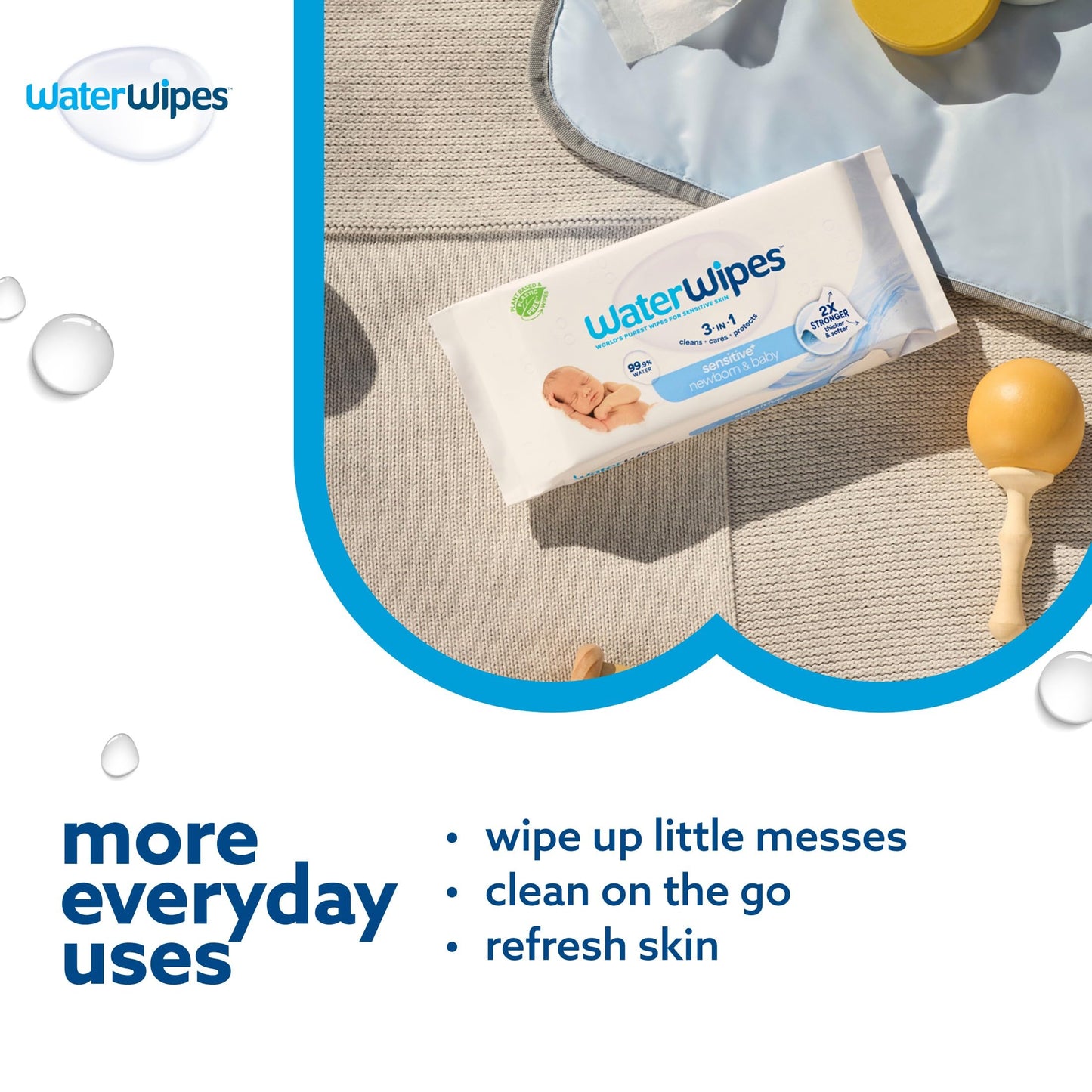WaterWipes Sensitive+ Newborn & Baby Wipes, 3-In-1 Cleans, Cares, Protects, 99.9% Water, Unscented & Hypoallergenic, 60 Count