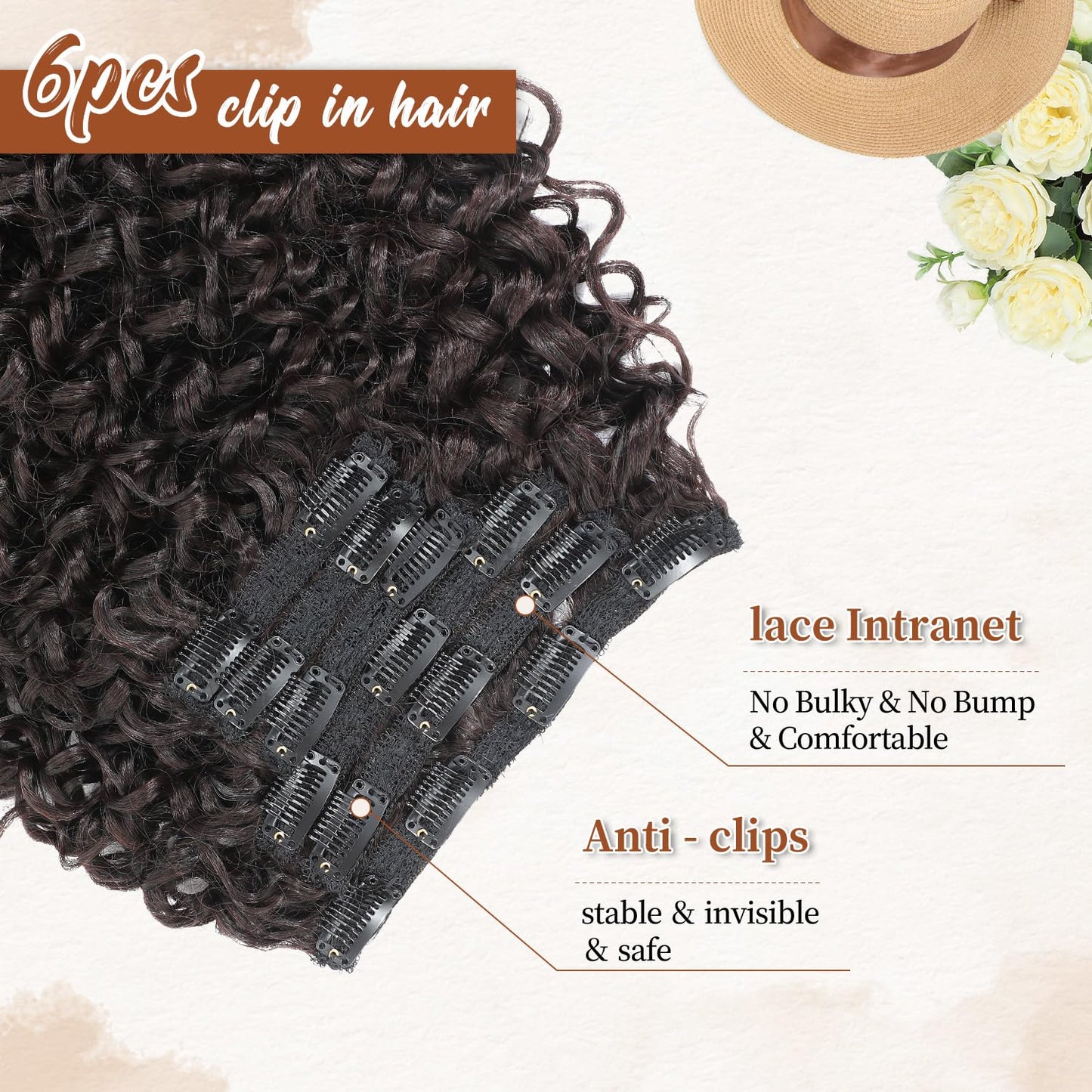 Curly Clip in Hair Extensions,Molefi 6PCS Curly Clip Ins for Women 20 Inch Deep Wave 100% Pure Protein Silk Hairpieces for Bridal Party Daily