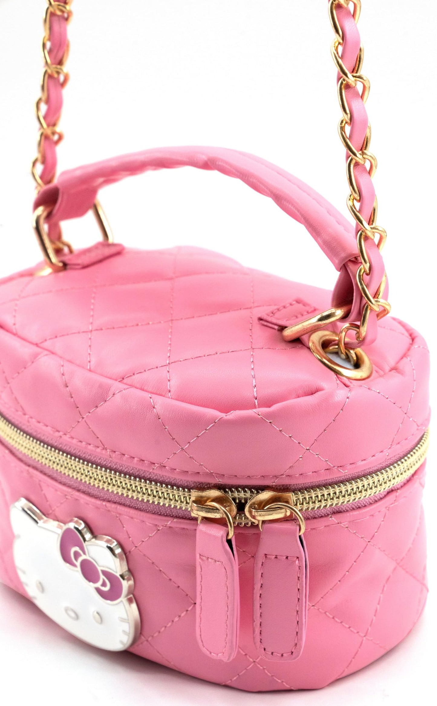 Sanrio Hello Kitty Crossbody Bag for Women | Pink Quilted PU Leather Mini Purse with Gold Chain Strap | Cute Hello Kitty Handbag, Top Handle Bowler Bag, Y2K Kawaii Aesthetic for Teens, Girls