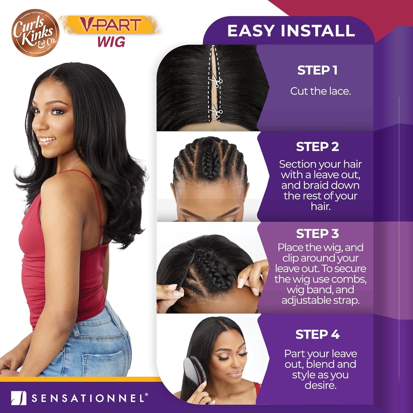 Sensationnel V-Part Wig - Natural Kinky Texture for 3C to 4C Hair | Glueless, Narrow Part, 1B Off Black