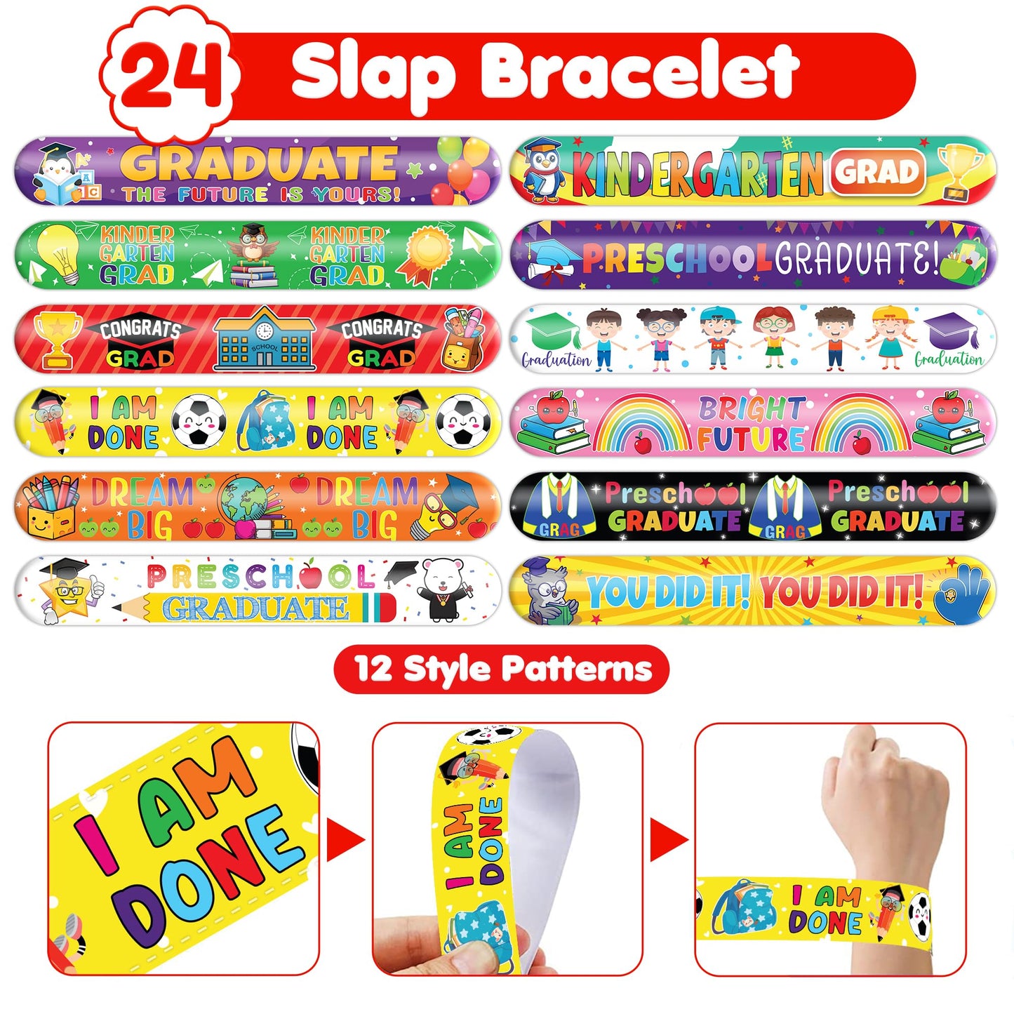 72 PCS Kindergarten Graduation Party Set - 48 Temporary Tattoos & 24 Slap Bracelets - Perfect for Themed Parties, Baby Showers, Classroom Rewards & Gifts for Kids