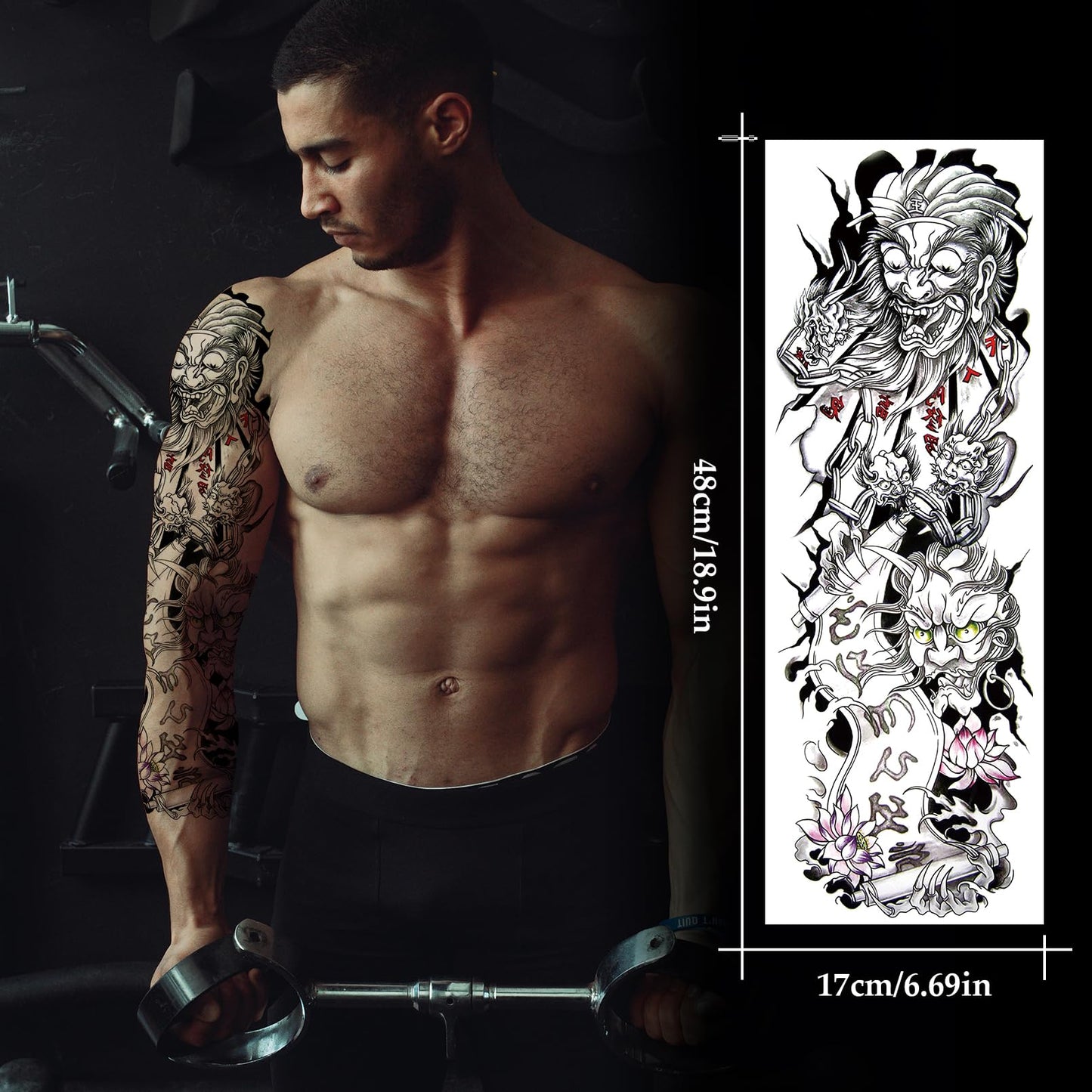 12 Sheets Full Arm Temporary Tattoos Adults, Waterproof Japanese Tiger Samurai Skull Sleeve Tattoos, KOI Dragon Lotus Fake Tattoo Kits for Cosplay BBQ Pool Beach Party
