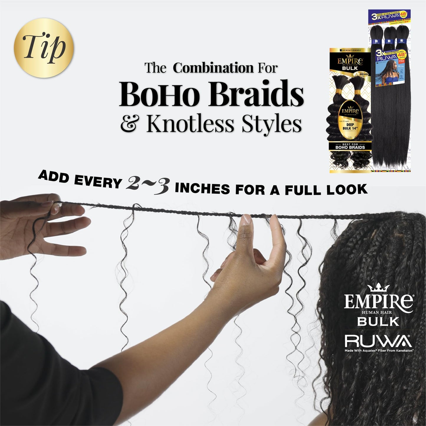 Sensationnel Empire Bulk Braiding – Deep Human Hair Braids for Knotless Boho Box or Curly Loose Wave Styles - 1 pack (14 inch, 1B OFFBLACK)
