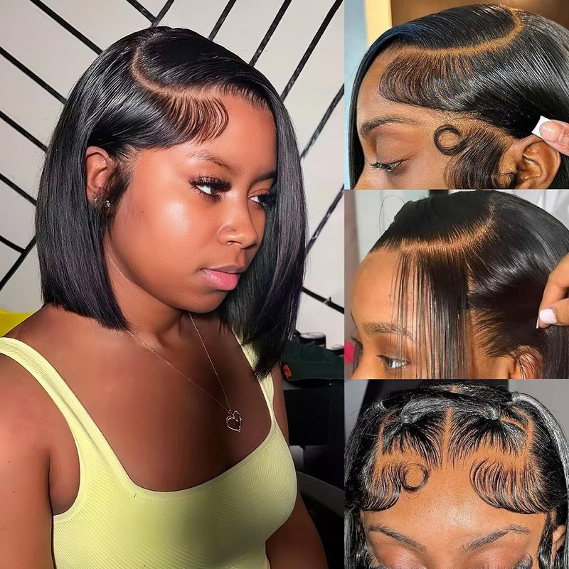 10 Inch Bob Wig Human Hair 13x4 HD Lace Front Wigs Pre Plucked Short Bob Wig Lace Frontal Wigs for Black Women, Short Straight Glueless Human Hair Wig with Elastic Band, 180% Density, Natural Black