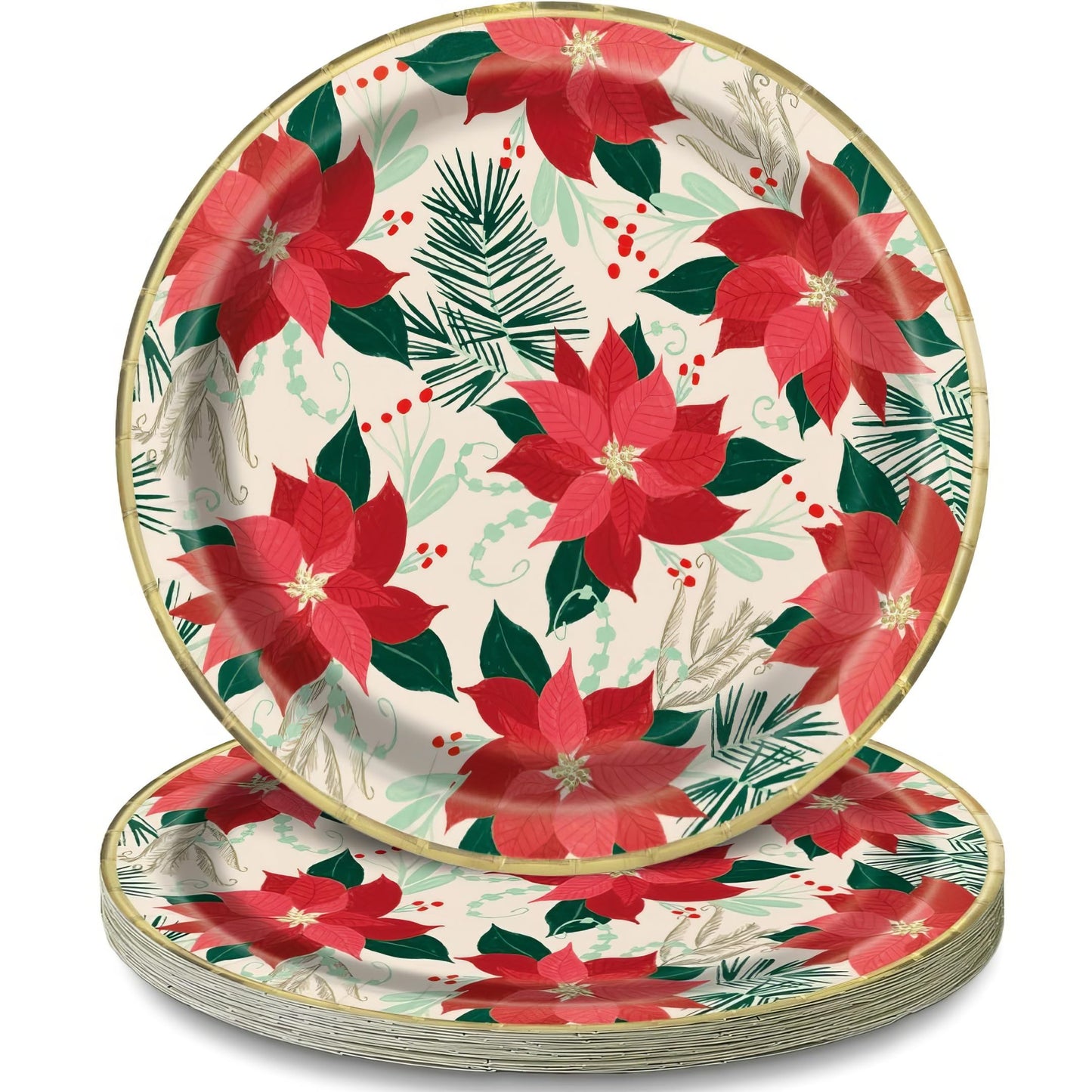 Red & Gold Poinsettia Round Dinner Plates - Foil Board, 8 Ct.