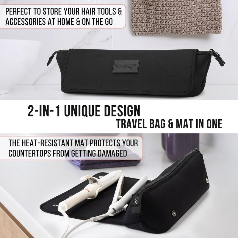 BAREFOOT CARIBOU Hair Tools Travel Bag and Heat Resistant Mat (15.5") for Flat Irons, Straighteners, Curling Iron, and Haircare Accessories, 2-in-1 design, Interior Pockets, Portable Organizer (Black)
