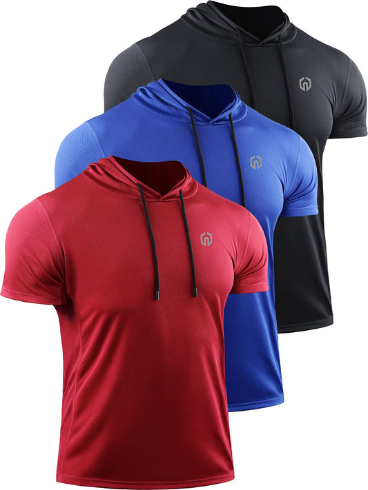 NELEUS Men's Running Shirt Mesh Workout Athletic Shirts with Hoods,5084,3 Pack,Black/Blue/Red,US L,EU XL